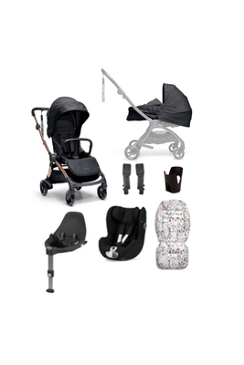 Airo 7 Piece Black Essentials Bundle with Black Sirona Car Seat- Black with Rose Gold Frame